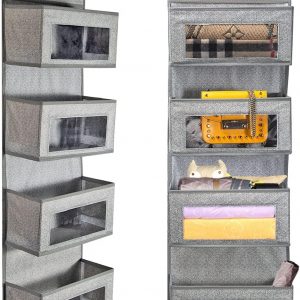 BrilliantJo Over Door Storage Organiser, 4 Pockets Soft Fabric Hanging Storage Organizer with Clear Window for Pantry Baby Nursery Bathroom, Grey-white