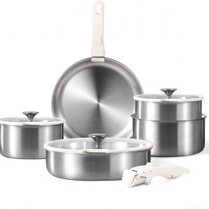 CAROTE 10Pcs Stainless Steel Pots and Pans Set, Kitchen Cookware Set