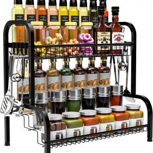 CHARMDI Black Spice Rack Organiser, 2 Tier Spices Organizers and Storage Racks, Spice Racks Free Standing for kitchen Countertop Organizer
