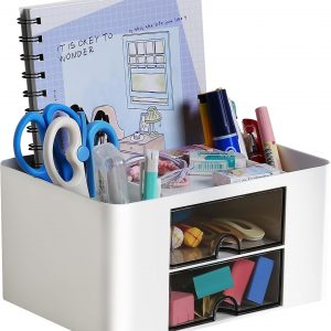 CRESZZLE White Desk Organizer with Drawers – Neat Stationery Storage – Ideal for Teachers, Students – Great Gift – Office, School, Home Organization