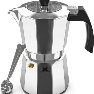 Cafe Du Chateau Espresso Maker – Stove Top Italian Coffee Maker with Transparent Top Lid, High Gloss Finish, Coffee Clip Spoon – 6 Cup Coffee Percolator and Moka Pot for Mocha Cappuccinos, Lattes