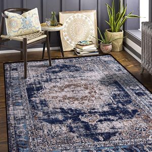 Calore Vintage Area Rugs Living Room Rug, Non-Slip Soft Short Pile Carpet for Easy Clean, Chic Traditional Rug for Living Room Bedroom Dining Room (Retro-Navy Blue, 160 x 200 cm)