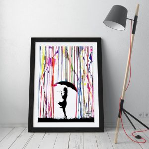 CanvasArtShop BANKSY UMBRELLA GIRL – PREMIUM WALL ART FRAMED PICTURE PRINTS – 3 COLOURS – 4 SIZES (A4, BLACK) for Living Room