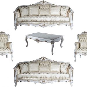Casa Padrino luxury baroque living room set gold pattern/antique white/gold – 2 Sofas & 2 Armchairs & 1 Coffee Table – Living room furniture in baroque style – Noble & Magnificent