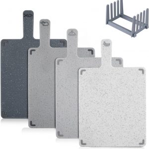 Chopping Board Set, Plastic Colour Coded with Stand, Dishwasher Safe, BPA Free, Durable Kitchen Cutting Boards, Small Serving Tray for Camping, Flexible Easy Grip Handle for Meat, Veg (Grey)