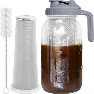 Cold Brew Coffee Maker Jar – 64oz Thick Glass Multipurpose Mason Pitcher Spout Lid with Handle & Stainless Steel Filter for Iced Brew Coffee, Lemonade, Ice Tea, Homemade Fruit Drinks Container