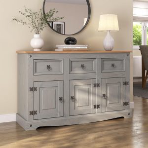 Corona Grey Sideboard 3 Door 3 Drawer Cupboard Large Solid Mexican Pine Wooden Cabinet