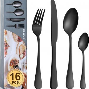 Cutlery Set, BEWOS 16 Piece Matt Black Stainless Steel Flatware Set, Silverware Tableware Set with Spoon Knife and Fork Set, Service for 4, Easy Clean/Dishwasher Safe