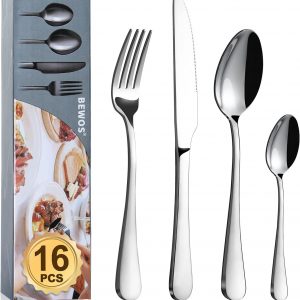 Cutlery Set, BEWOS 16 Piece Stainless Steel Flatware Set, Tableware Silverware Set with Spoon Knife and Fork Set, Service for 4, Dishwasher Safe/Easy Clean, Mirror Polished