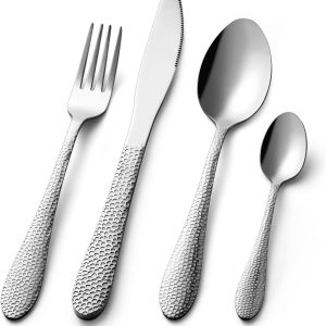 Cutlery Sets, 16 Piece Premium Stainless Steel Flatware Set with Hammered Pattern Design, Tableware Silverware Set with Spoon Knife and Fork Set, Service for 4, Dishwasher Safe/Easy Clean (Silver)