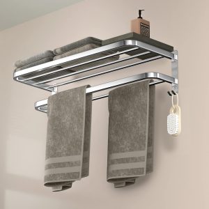 DDS-DUDES Bathroom Towel Rack Towel Shelf Rail with Double Towel Bars Lavatory Wall Mounted Holder with Hooks Stainless Steel Hotel Bath Rack 23 inches