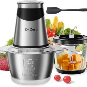 DR.ZERO Food Processors with 2 Bowls, Mini Chopper Electric Food Chopper 4 Bi-Level Blades, 2 Speed, 1.2l and 0.6l, Meat Mincer 500W for Baby Food, Meat, Onion, Vegetables, Nut