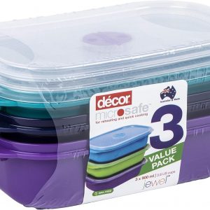 Décor Microsafe Jewel Food Containers Set | 3 Pack – 3 x 900ml | Meal Prep | Steam Release Vent | Microwave, Dishwasher & Freezer Safe | Assorted Colours