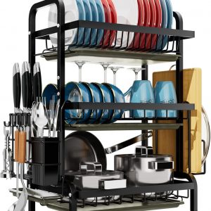Dish Drainers Rack with Drip Tray, 3 Tier Large Dish Drying Rack with Draining Board and Cutlery /Chopping Board Holder over Sink, Dish Dryer Rack For Plate/Utensil on Kitchen Countertop (3-tier)