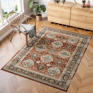 Dripex Washable Living Room Rug 120x170cm, Red Vintage Rug for Living Room, Machine Washable Bedside Rug for Bedroom Non Slip Luxury Soft Bedroom Rug Traditional Rug for Living Room