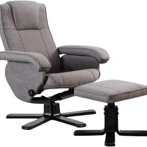 EVRE Comfy Chair Grey Armchair With Foot Stool & Reclining Functions Swivel Padded Fabric. Perfect for lounge chairs living room or Reading Chair – Fabric Silver with grey footstool