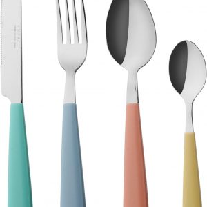 EXZACT Cutlery Set 24pcs Coloured – Stainless Steel with Vibrantly Coloured Plastic Wide Handles–Comfortable to Hold-6 x Forks, 6 x Dinner Knives, 6 x Dinner Spoons, 6 x Teaspoons