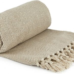 Emma Barclay Herringbone – Recycled Cotton Patterned Chair Sofa Setee Bed Throw Over Blanket in Natural – 50×60 (127x152cm)
