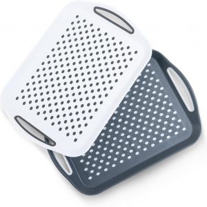 Essen 2-Pack Serving Tray Set – Non-Slip Lap Boards with Grip Handles, Ideal for Food Prep, Tea, Breakfast in Bed – Plastic Tray for Stable Dining – Dishwasher Safe (Grey/White)