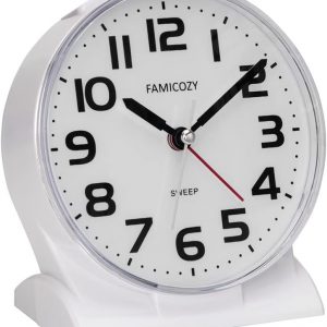 FAMICOZY Silent No Ticking Analog Alarm Clock,Readable for Seniors Vision Impaired,Easy to Set,Gradual Rise Alarm,Snooze,Gentle Wake,Soft backlight,Battery Operarted,White