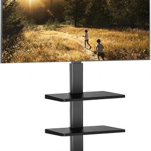 FITUEYES TV Floor Stand Universal Corner TV Stand for 32-60 Inch, Tall TV Stand with Swivel Bracket, Portable TV Stand with 2 Adjustable Shelves, Max VESA 600x400mm Holds 30kg
