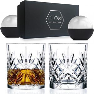 FLOW Barware Classic Whiskey Glasses Set of 2 | Crystal Whisky Glasses Gift Set | Heavy Tumbler Whiskey Glass for Rum, Scotch, Bourbon Gin & Tonic & Negroni Cocktails