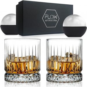 FLOW Barware GEO Whiskey Glasses | 350ml Whisky Glass | Set of 2 Whiskey Glasses | Whisky Tumbler for Scotch, Bourbon, Gin & Tonic & Negroni Cocktail | Whiskey Glassware Gift Set