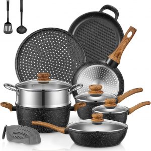 FOHERE Pots and Pans Set with Lids 15 PCS, Aluminum Nonstick Induction