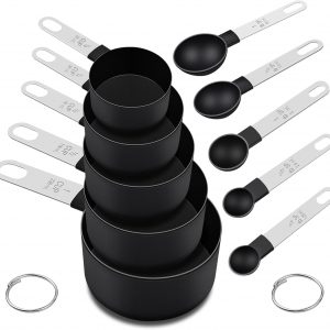 FONYA 10 Pieces Measuring Cups and Spoons Set ， 5 Measuring Cups / 5 Measuring Spoons Nesting Measure Cups with Stainless Steel Handle，for Dry and Liquid Ingredient （black）