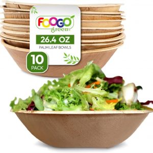FOOGO Green 10 Disposable Palm Leaf Serving Bowls, 8″(20cm), 26.5oz (750ml), Party Salad Bowls, Deep Round, Biodegradable Compostable, Wedding Party Bowls, Wooden Bowls, Bamboo Bowls, Paper Bowls