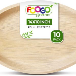 FOOGO Green 10 Disposable Palm Leaf Serving Trays, Large Oval 14″x10″ (35cmx25cm), Platters Starters Canape, Charcuterie Board, Like Wooden Trays, Sturdy Hot Food Trays, Eco-Friendly Food Trays