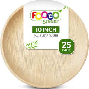 FOOGO Green 25 Disposable Palm Leaf Plates, 10″(25cm) Large Round, Eco Friendly Biodegradable Compostable Plates, Like Wooden Plates, Bamboo Plates, Paper Plates for Hot Food, Wedding Picnic Plates