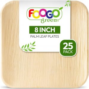 FOOGO Green 25 Disposable Palm Leaf Plates, 8″(20cm) Medium Square, Eco Friendly Biodegradable Compostable Plates, Like Wooden Plates, Bamboo Plates, Paper Plates Hot Food, Wedding Party Plates Picnic