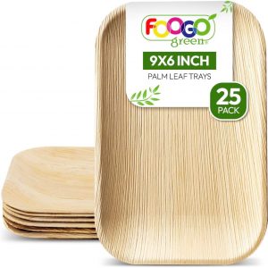 FOOGO Green 25 Disposable Palm Leaf Serving Trays, Medium 9×6 inch (22x15cm), Starters Dessert, Display Tray Parties, Like Wooden Plates, Sturdy Hot Food Trays, Eco Friendly Biodegradable Food Trays