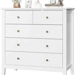 FOREHILL Bedroom Chest of Drawers White Sideboard 5 Drawers Storage Cabinet Cupboard Unit Bedroom Furniture 40x80x80cm