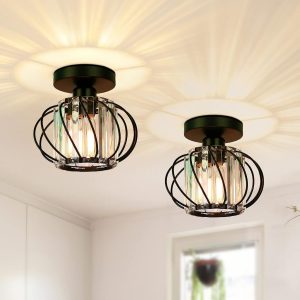 FRIDEKO HOME Modern Crystal Ceiling Light Fixture- Industrial 2 Pack Mini Semi Flush Mount Ceiling Lighting LED Crystal Chandeliers Fitting for Kitchen Hallway Dining Rooms Living Room – Black