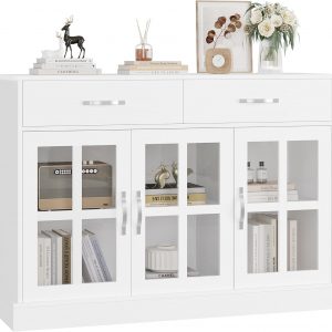 FirFurd 120cm White Sideboard Storage Cabinet Kitchen Sideboard with 3 Glass Doors 2 Drawers and Adjustable Shelves Wooden Display Cabinets for Living Room Dining Room 120x40x84cm