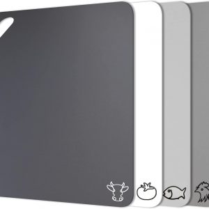 Fotouzy Plastic Cutting Board Flexible Mats with Food Icons, Set of 4, BPA-Free, Non-Porous, Upgrade 100% Anti-Skid Back and Dishwasher Safe, Modern Neutral Colors