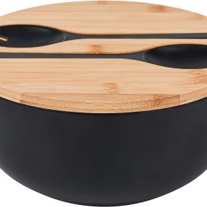 GEHE Salad Bowl with Servers Set – Large 9.8 inches Mixing Bowls Solid Bamboo Salad Wooden Bowl with Bamboo Lid Spoon for Fruits,Salads and Decoration (Black, 9.8INCH)