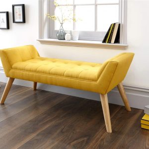 GFW Milan Upholstered Storage Bench, Window Seat With A Padded Stool Seat With Accent Solid Wood Legs, Suitable for Living Room Bedroom Hallway Or Dining Room Mustard Yellow H-51cm x W-118cm x D-43cm