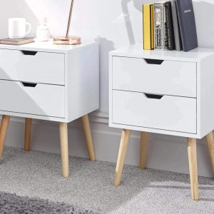 GFW Pair Of Nyborg Scandinavian Style 2 Drawer Bedside Cabinet With Pine Wooden Legs, White. 30D x 40W x 56H cm.
