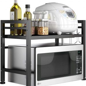 GOI Microwave Shelf Stand, Expandable Microwave Oven Rack Storage Solution Organiser Stand Utensil Holder Adjustable Width & Height Kitchen Stand Counter Shelf with 3 Hooks (Black 1-Tier)