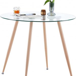 GOLDFAN Round Glass Dining Table Modern Kitchen Table with Metal Legs,4 Seaters Rustic Dinner Table for Home Dining Room Living Room,80cm