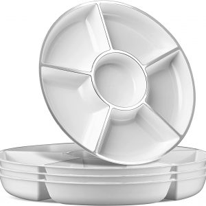 Gikisla 4 Pack White Compartment Trays with Silver Rim, 12” Round Serving Platters for Parties, 6 Sectional Round Plastic Serving Tray for Chips and Dip, Veggies, Candy and Snacks