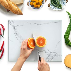 Glass Chopping Board 40x30cm : Glass Worktop Saver for Kitchens – Durable, Hygienic Glass Worktop Savers – Scratch-Resistant, Heat-Proof, Easy-Clean – White Marble Design