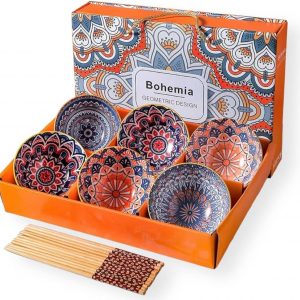 Green Globe Pack 6 Ceramic Rice Party Bowls 10 oz with Chopsticks | Serving Fruit Bowl Gift Set, Assorted Dinnerware Cereal Soup Dessert Snack Salsa (Bohemian)