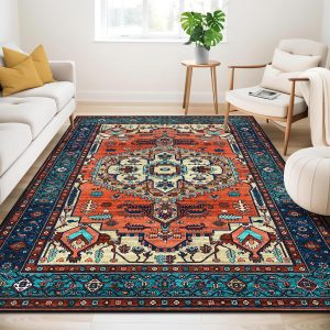 Guchuang Washable Rugs Living Room Area Rugs Terracotta Vintage Boho Small Non Slip Carpet Traditional Oriental Rugs Short Pile for Bedroom Dining Room Kitchen Soft Faux Wool Rugs 80x150cm