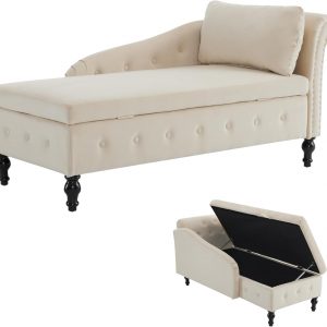HAINEW Upholstered Chaise Lounge Sofa, Velvet Chaise lounge Couch for Living Room Bedroom and Office with Storage, Pillow, Right Armrest and Nailhead-Trim & Button-tufted. (Beige)