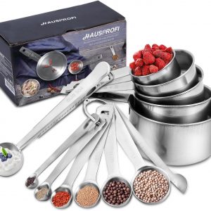HAUSPROFI Measuring Cups and Spoons Set, 13 Pieces Premium Stainless Steel Measuring Spoons with Ruler Scoop/Clip for Baking, Liquid and Solid