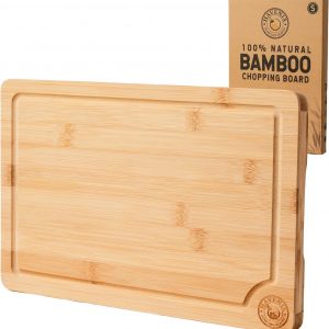 HAVENIX Wooden Chopping Board & Serving Tray – 100% Natural Organic Bamboo Cutting Board | Multi-Purpose Wooden Tray with Juice Grooves for Carving Meat, Vegetables, Fruits & Bread (30 x 20 x 2 cm)